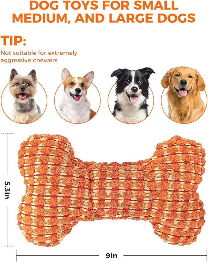Squeaky Dog Toys for Small Dogs, Interactive Dog Plush Toy for Tough Play, Durable Chew Gifts for Puppy Teething to Keep Them Busy and Relieve Boredom (Orange Bone)