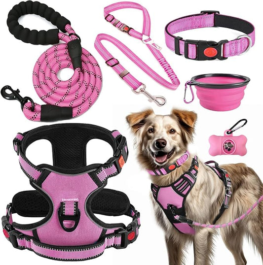 No Pull Dog Harness, Collar & Leash Set | Includes Dog Seat Belt, Collapsible Bowls & Poop Bag Dispenser. Ideal for Training, Walking, Hiking. Fits Small to Large Dogs(Pink-L)