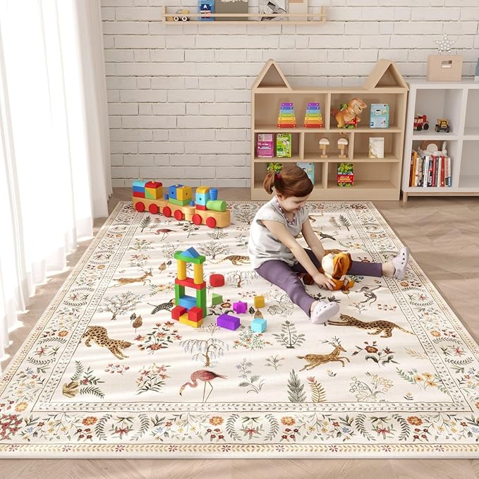 Rugcomf Area Rugs 9x12 Living Room Clearance Washable Boho Rug Non Slip Floral Animal Vintage Low Pile Large Rug for Living Room, Bedroom, Farmhouse, Dining Room, Kids Playroom (Beige)