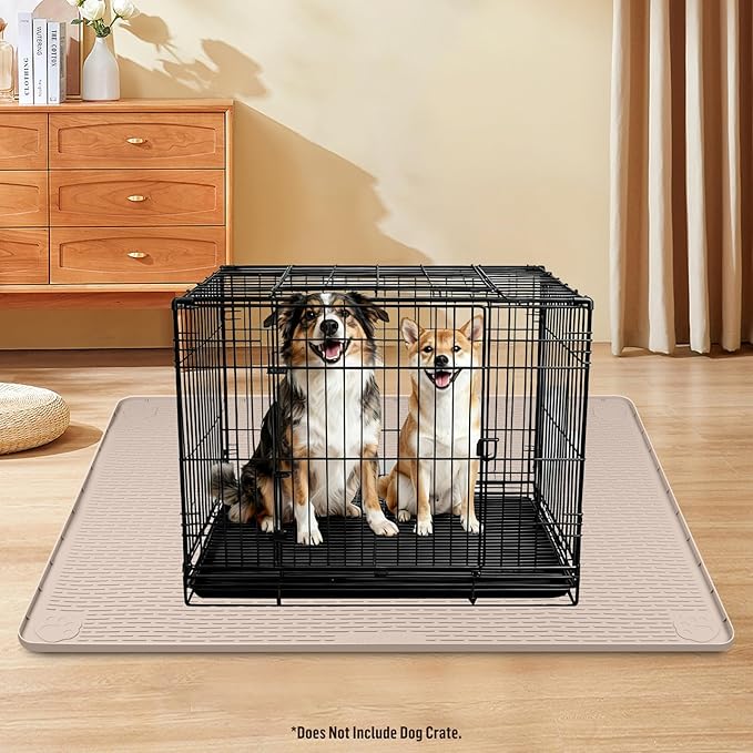 Silicone Dog Bed Mat, 57"x 40" Crate Mat for Dog Cages, Kennel Mat with Raised Edge, Washable, Waterproof, Leakproof, Protect Floors (Khaki)