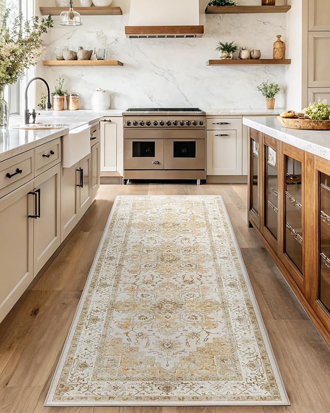 AMADA HOMEFURNISHING 2.6x10 Washable Area Rug, Low-Profile Entryway Rug with Non-Slip Backing & Durable Edge Binding, Vintage Rug Pattern, Small Rugs for Entryway, Kitchen & Living Room