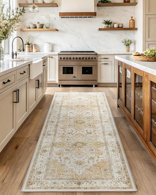 AMADA HOMEFURNISHING 2.6x10 Washable Area Rug, Low-Profile Entryway Rug with Non-Slip Backing & Durable Edge Binding, Vintage Rug Pattern, Small Rugs for Entryway, Kitchen & Living Room