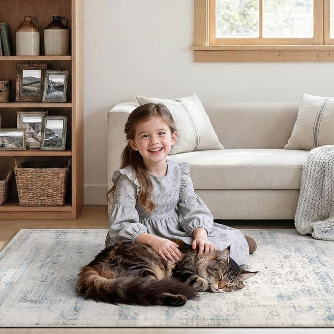 DCX 3x5 Haze Blue Rug, Machine Washable Stain Resistant Distressed Vintage Rug, Kid & Pet Friendly with Rubber Back Non Slip Soft Low Pile Large Carpet for Living Room, Bedroom, Home Office