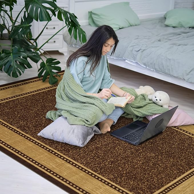 Ottomanson 5' x 6'6" Rugs for Living Room Border Area Rug for Bedroom - Non Slip Durable Large Floor Carpet for High Traffic Areas - Indoor Rug for Dining Room Kitchen Kids Playroom, Brown