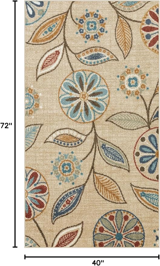 Maples Rugs Reggie Floral Area Rug - Made in USA - Washable, Non Slip, Pet-Friendly Mats for Living Room, Bedroom, and Office, 3'4" x 6', Beige