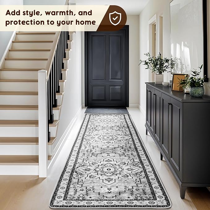 LBRO2M Boho Hallway Rug 2'X10’ Washable Runner Rugs Non Slip Low Piles Rugs Vintage, Soft, Gray Area Rug Runners for Hallways, Bedroom, Kitchen Laundry Room Pattern Print (2'X10', Gray)