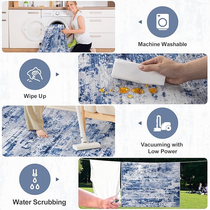Area Rugs 10x14 Living Room - Washable Rug Modern Abstract Soft Large Neutral Non-Slip Carpet Indoor Floor Thin Carpets for Bedroom Dining Room Farmhouse Nursery Home Office Blue Gray