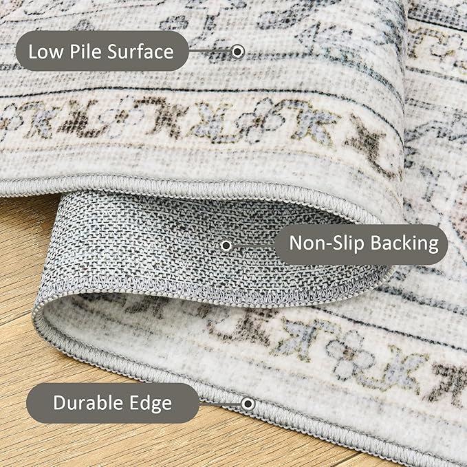 8x10 Area Rugs for Living Rooms, Stain Resistant Neutral Washable Rugs for Dining Rooms, Floral Vintage Non-Slip Thin Large Size Area Rug(Light Grey)