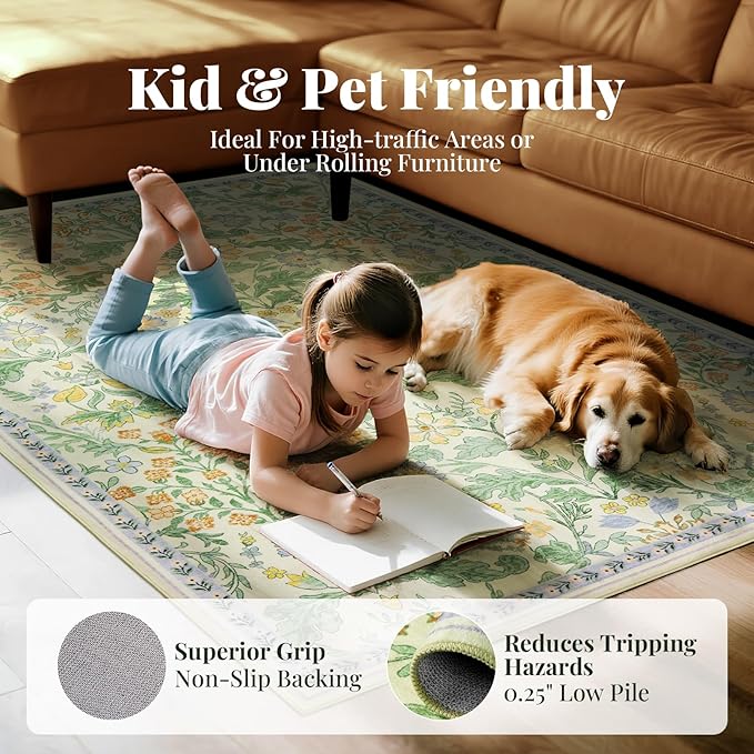Floral Area Rug for Living Room: 8x10 Washable Soft Low Pile Thin Indoor Carpet, Non Slip Stain Resistant Vintage Flower Boho Accent Large Rugs for Bedroom, Dining, Home Office, Nursery - Ivory