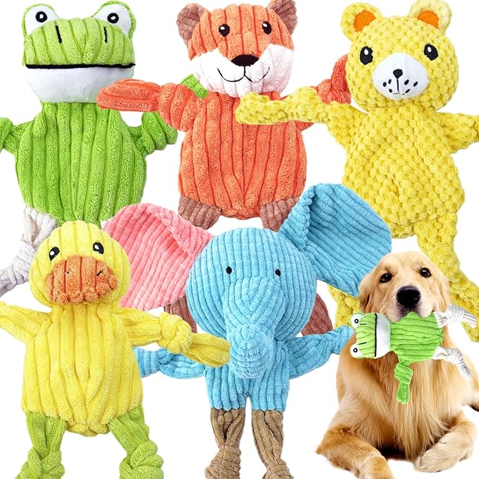 5 Pack Squeaky Dog Toys, No Stuffing Plush Dog Chew Toy Puppy Teething Toys to Keep Them Busy, Chewer Tough Durable Crinkle Interactive Dogs Toy Bundle for Small Medium Large Dogs