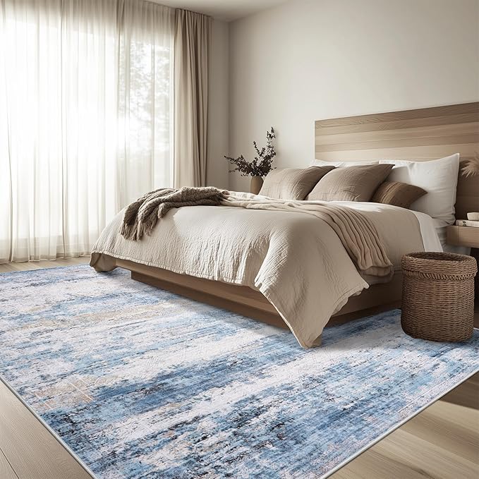 8x10 Area Rug Living Room Rugs - Washable Rug Large Modern Abstract Soft Thin Carpets Indoor Floor No Slip Vintage Carpet for Bedroom Under Dining Table Nursery Home Office Decor Blue