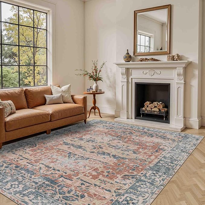 6x9 Area Rugs for Living Room Bedroom, Large Washable Rug, Coral Vintage Floral Boho Style, Non Slip & Low Pile Carpet for Indoor Dining Room, Dorm and Kids Room(Coral Blue 6x9ft)