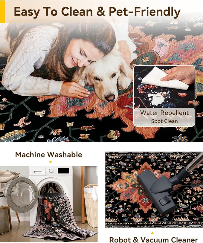 Area Rugs 3'x12' Runner Rug Non Slip Washable for Kitchen Hallway Bedroom Beside Laundry Room Bathroom Rug, Floor Carpet, Black Colorful Floral Dark Tan