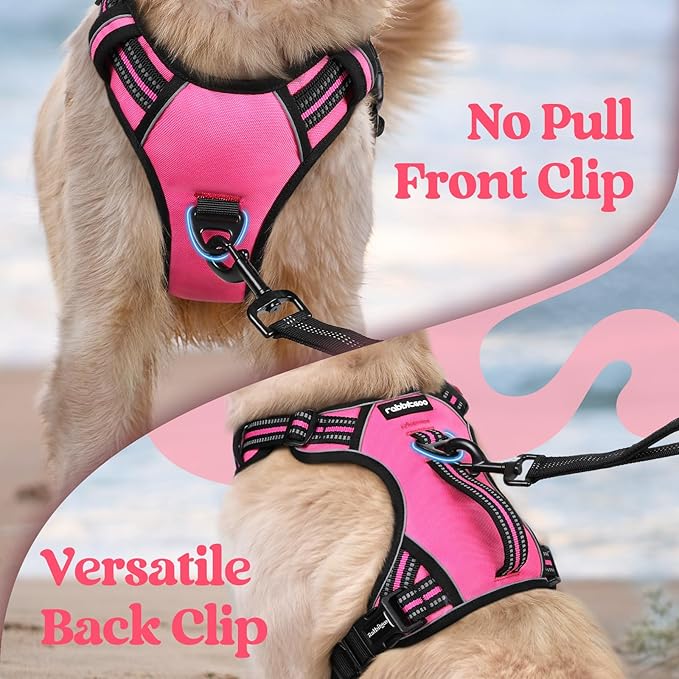 rabbitgoo Dog Harness for Large Dogs, No Pull Pet Harness with Soft Padded Handle, Adjustable Reflective Vest with 3 Buckles, Easy Walking Harness with 2 Leash Clips, Pink, L