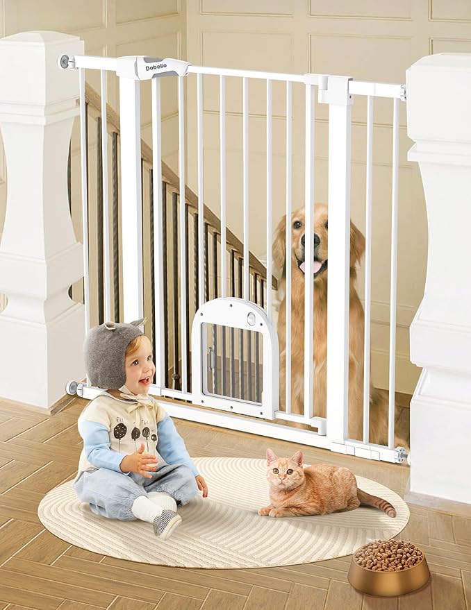 Babelio 36" Tall Upgraded Baby Gate with Cat Door, 29-43" Auto Close Durable Dog Gate for Stairs, Doorways and House, Easy Walk Thru Safety Gate with Pet Door Includes 4 Wall Cups, White