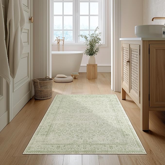 Boho Font Door Mat for Indoor Entrance Washable Non Slip Vintage Floral Aesthetic 3x5 Area Rugs for Entryway Entry,Sage Green