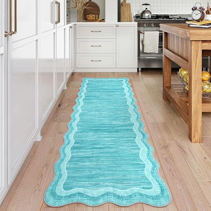 GarveeHome Washable Scalloped Rug Runner 2x6 Ultra-Soft Low Pile Hallway Rug, Non-Slip Non-Shedding Modern Carpet Runner, Washable Solid Indoor Easy Cleaning Mats for Laundry, Bedroom, Teal