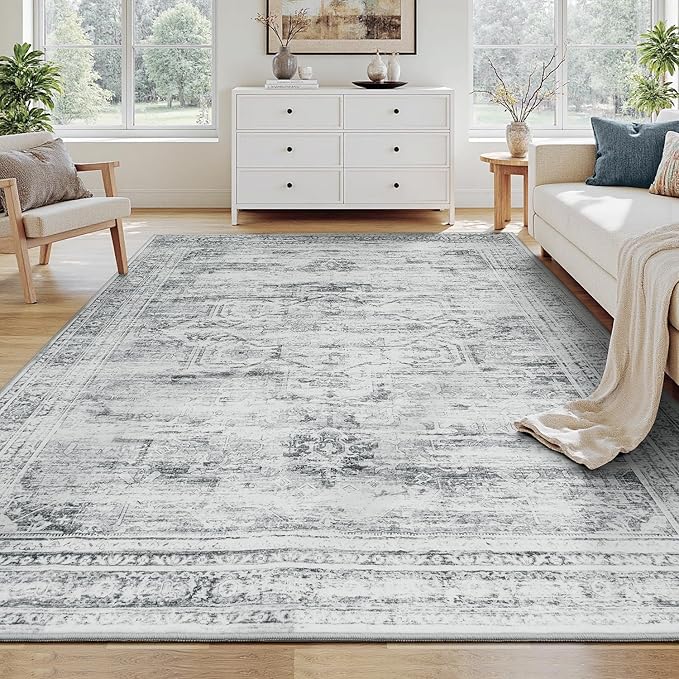 Washable Grey White Area Rugs 6x9 for Bedroom, Soft Faux Wool Carpets for Living Room Dining Room, Neutral Vintage Distressed Non Slip Stain Resistant Rug for Home Office Decor