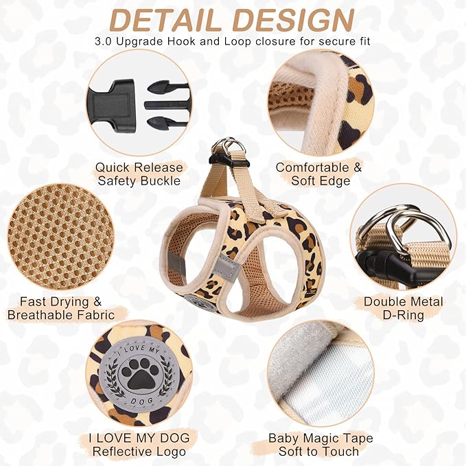 BEAUTYZOO Step in Dog Harness and Leash Set,Reflective Dog Harness No Pull No Choke Puppy Harness for Small Medium Large Dogs Cats,Soft Padded Mesh Vest Harnesses for Girl Boy Pets,Leopard Khaki XS