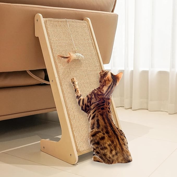 PETKARAY Cat Scratcher, Sisal Cat Scratching Ramp, L Shape Scratch Pad for Indoor Kitty, 27" Wall Furniture Protector with Mouse Toy
