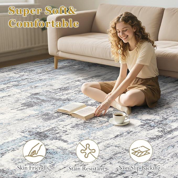 Area Rugs for Living Room: 10x13 Abstract Washable Rug Modern Neutral Large Soft Stain Resistant Non-Slip Backing Machine Table for Bedroom Dining Room Indoor Home Office Carpet - Blue Grey