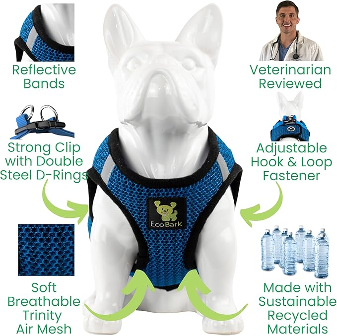 EcoBark Step in Dog Harness - Eco-Friendly Teacup Dog Harnesses for XXS, XS, and Small Dogs - Reflective and Adjustable Mini Body Halter Vest -Tiny Soft Mesh Toy Breed Harness (Bright Blue, XXS)