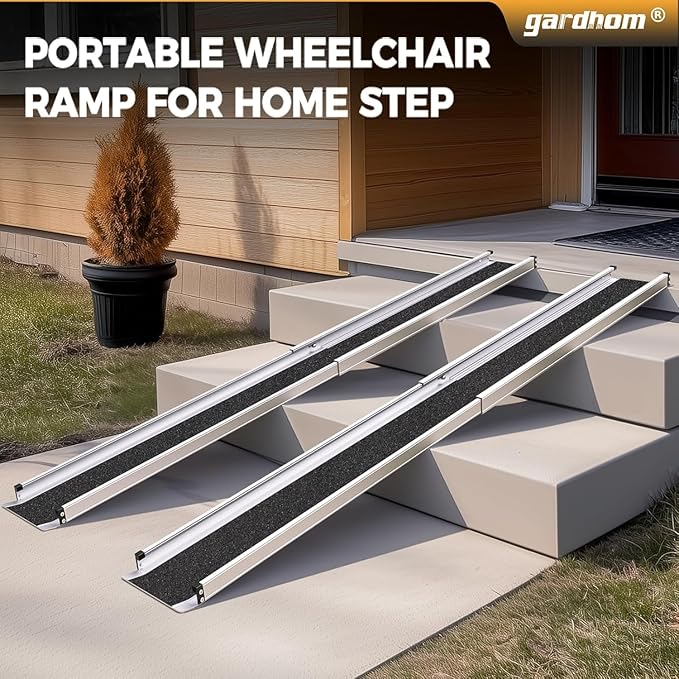 gardhom 1Pair 5FT Adjustable Wheelchair Ramp 60" L x 7.4" W Telescopic Ramps for Wheelchairs 600lbs Portable Wheelchair Ramps for Steps Home Threshold Doorways Steps Stairs with Carrying Bag