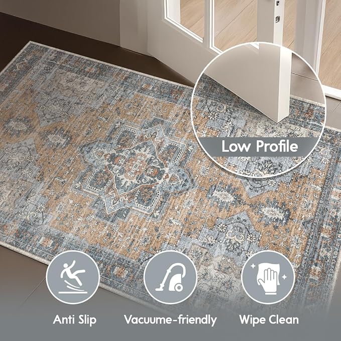 Muddy Mat짰 Coral 3x7 Washable Area Rugs for Living Room, Bedroom & Dining Room ??Modern Soft Low Pile Non Slip Carpet ??Pet Friendly Waterproof Foldable Rugs for Home