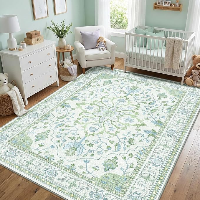 Area Rugs 8'x10' Washable Non-Slip, Floral Vintage Distress Print Pattern Medallion Carpet for Living Room Bedroom Dining Room, Green White Blue