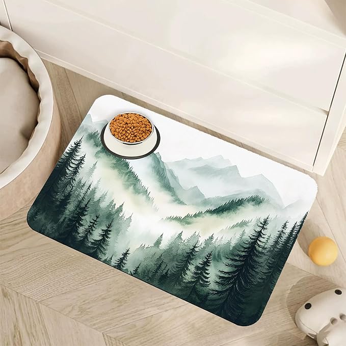 Misty Forest Mountain Dog Food Mat for Floors,Absorbent Quick-Dry Pet Feeding Mat,Cat Dog Bowl Mats for Food and Water,Non-Slip Pet Accessories Supplies 12"x20"