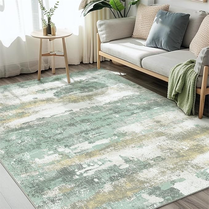 Area Rugs 5x8 for Living Room Bedroom, Modern Abstract Machine Washable Large Light Green Rug Soft Rug, Low Pile Floor Carpet with Non Slip Backing for Dining Room
