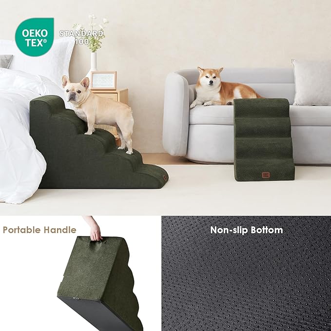 EHEYCIGA Curved Dog Stairs Ramp for High Beds 19.7" H, 4-Step Dog Steps for Small Dogs and Cats, Pet Stairs for High Bed Climbing, Non-Slip Balanced Pet Step Indoor, Military Green