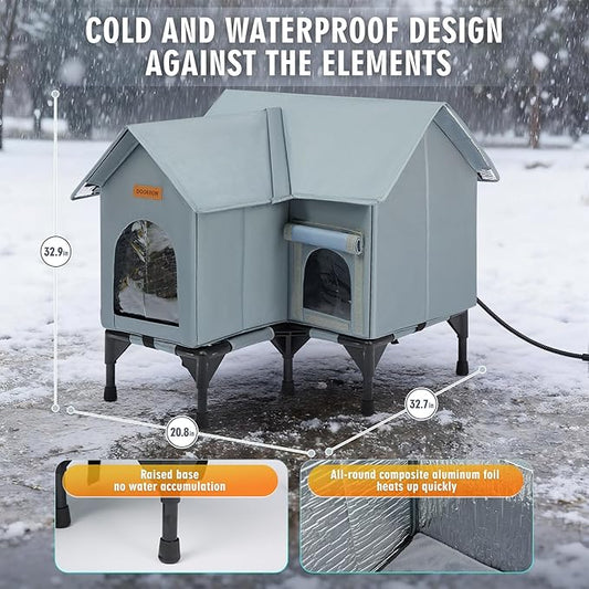 Outdoor Cat House Weatherproof, Heated Cat House for Outside, Insulated Outdoor Cat Shelter with Thickened Model (Grey, L)
