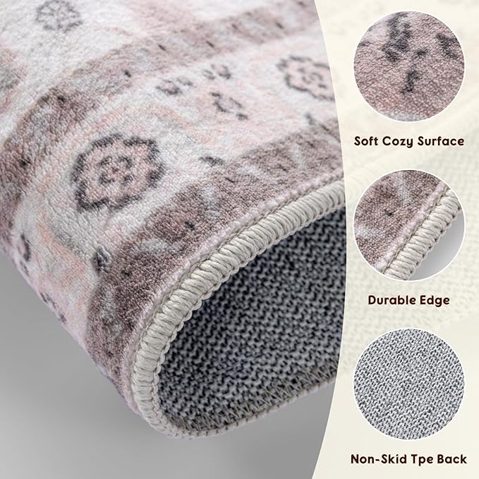 LBRO2M Boho Hallway Rug 2'X10’ Washable Runner Rugs Non Slip Low Piles Rugs Vintage, Soft, Pink Area Rug Runners for Hallways, Bedroom, Kitchen Laundry Room Pattern Print (2'X10', Light Pink)