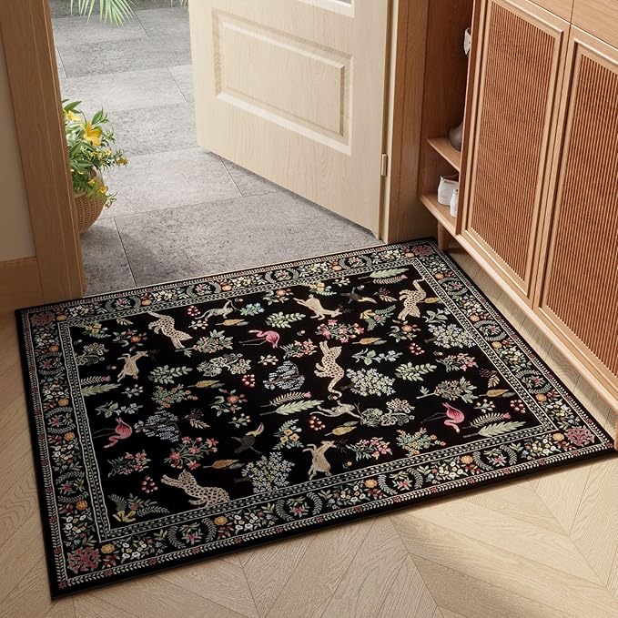Rugcomf Door Mat Indoor Entrance 2x3 Rug Machine Washable Boho Floral Animal Small Area Rug Non-Slip Low Pile Throw Rugs for Entryway, Kitchen, Front Door Indoor Entrance, Entry, Kids Room (Black)