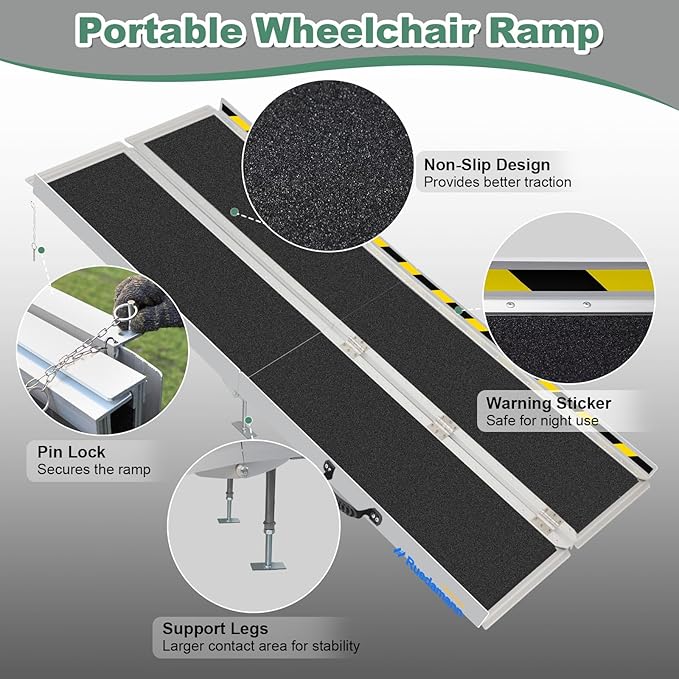 Ruedamann 10'L Wheelchair Ramp, 600Lbs Capacity, Non-Slip Threshold Ramp, Portable Aluminum Folding Handicap Ramp for Home, Wheelchairs, Steps, Stairs, Doorways, Curbs