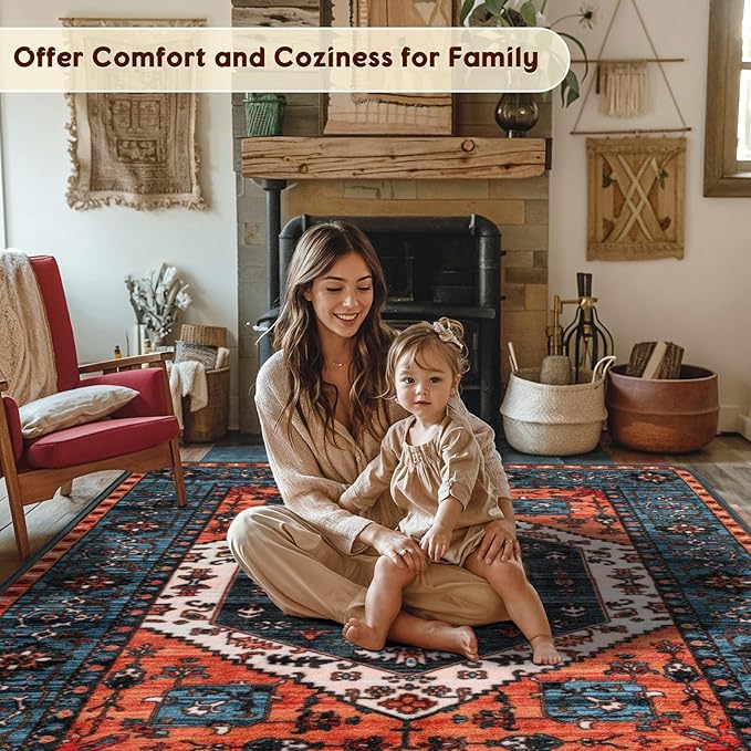 LBRO2M Boho 4X6 Rug Washable Rugs for Bedroom Non Slip Indoor Carpet, Soft Low Piles Rug Foldable Rugs for Living Room Pet Friendly Area Rugs Stain Resistant (4'X6' Multi Rust)