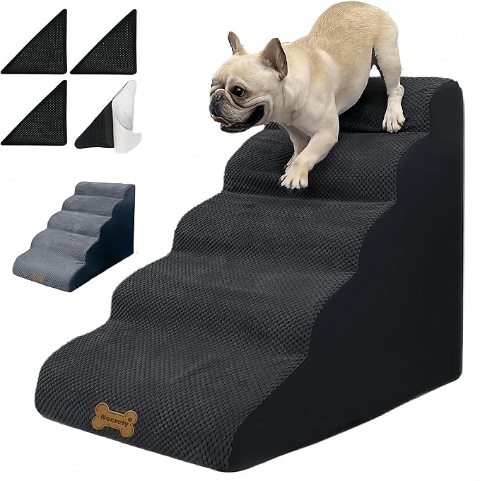 Dog Stairs & Pet Ramp for Small/Large Dogs to High Beds/Couches - 5 Steps 24-inch Height for 18-30 inch Furniture, 2 Washable Covers (Black, Grey), Non-Slip Balanced 33D Design for Old Dogs & Cats