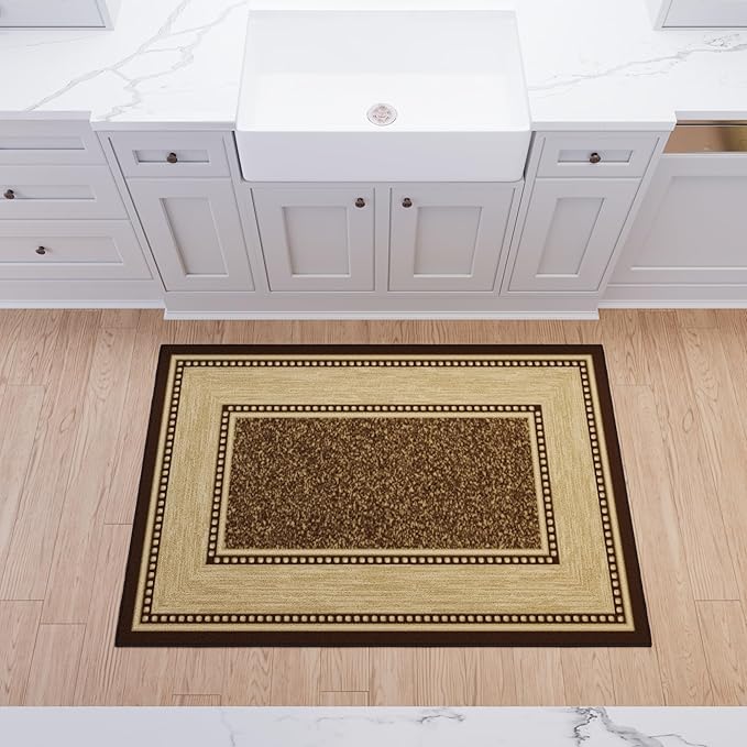 Ottomanson 3'3" x 5' Rugs for Living Room Border Area Rug for Bedroom - Non Slip Durable Large Floor Carpet for High Traffic Areas - Indoor Rug for Dining Room Kitchen Kids Playroom, Brown