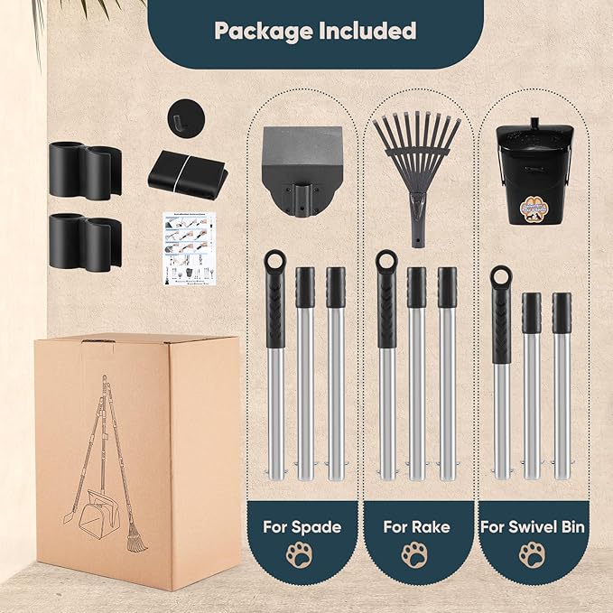 Stainless Steel Dog Pooper Scooper,40" Long Handle Swivel Bin, Rake and Spade,20 Waste Bags & Hook - Heavy Duty Portable Metal Poop Scooper for Large,Medium and Small Dogs
