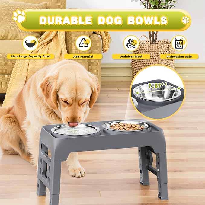 Elevated Dog Bowls for Medium Large Dogs - 5 Height Adjustable Mess Proof Raised Bowl Stand with 2 44oz Stainless Steel Food Bowls Dish Set Adjusts to 3.54’’-12.13’’ Non-Slip Grey