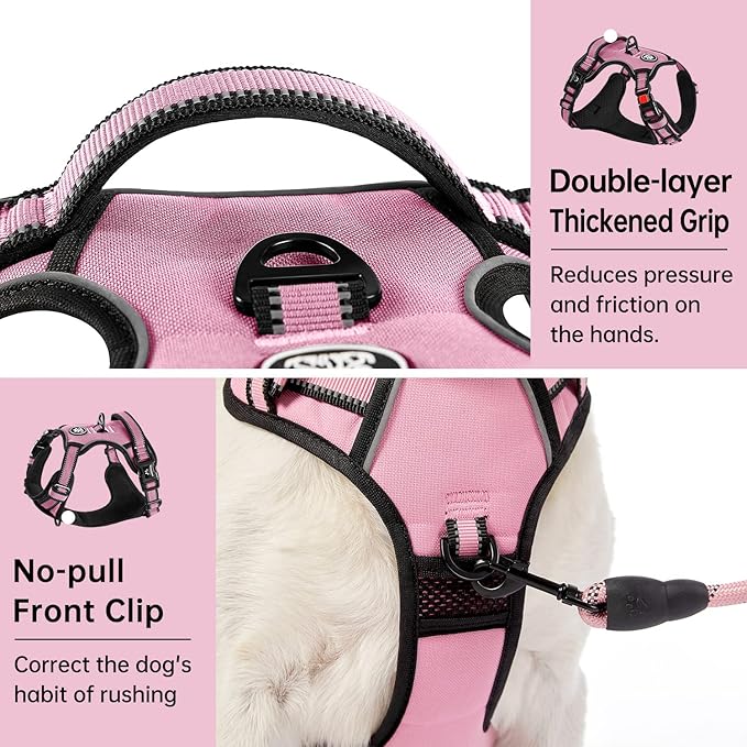 IVY&LANE No Pull Dog Harness for Medium Dogs, Dog Vest Harness with Leash, Safety Belt and Storage Strap, Fully Adjustable Harness, 360° Reflective Strip, Soft Handle (Pink, M)