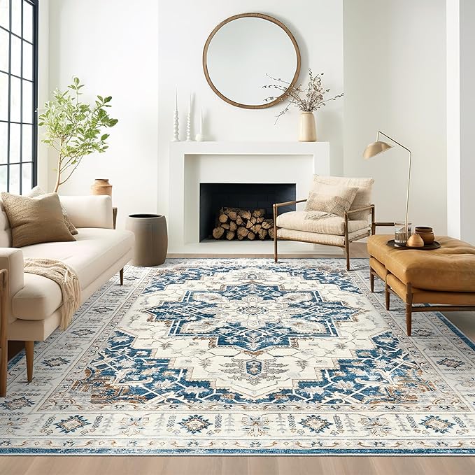 6x9 Area Rug for Living Rooms, Stain Resistant Neutral Washable Rugs for Dining Rooms, Floral Vintage Non-Slip Thin Large Size Area Rugs(Blue)