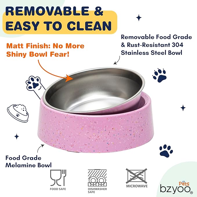 bzyoo 32oz 4CUP Elevated Dog & Cat Bowl, Sprinkle Design, Slanted Stainless Steel Pet Bowl with Removable Inner Bowl, Non-Slip Silicone Base, Dishwasher Safe, for Dry/Wet/Raw Food & Water Pink