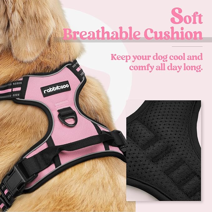 rabbitgoo Dog Harness No Pull with 2 Leash Clips, Adjustable Soft Padded, Reflective Oxford No Choke Pet Vest with Easy Control Handle for Large Dogs, Pink, L