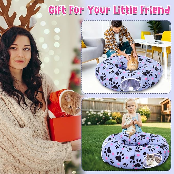 Large Cat Tunnel Bed for Indoor Multifunctional Cat Donut Tunnel Claw Design with Dangling Balls for Small Medium Large Cats Kitten Rabbit Puppies Christmas Party Gifts