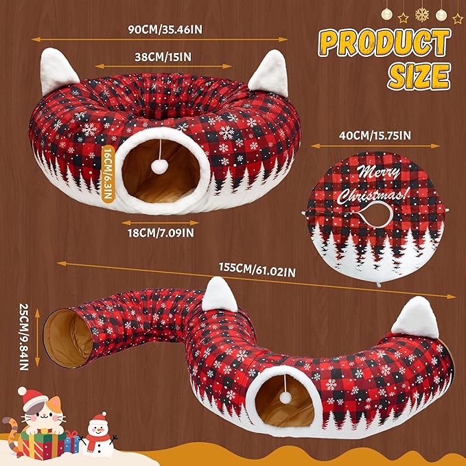 Cat Tunnel Christmas Tree Skirt, 3ft x 3ft x 9.8in Cat Tunnels for Indoor Cats, Buffalo Plaid Peekaboo Cat Tunnel Bed with Hanging Ball, Kitten Toys for Indoor Kittens Puppy Rabbit Ferret