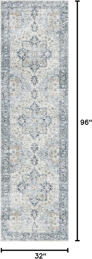 GENIMO Runner Rug 2'6''x8, Non Slip Vintage Hallway Runner Rugs, Low Pile Lightweight Machine Washable Mat for Hallway, Entryway, Bedroom, Kitchen and Corridor, Blue