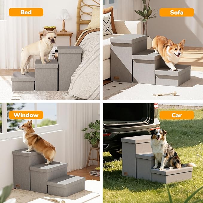 3-Step Wide Dog Stairs with Storage 18" H, Non-Slip Sturdy Pet Steps for High Bed Couch Window, Pet Stairs for Small/Medium/Large Old Dogs Cats Up to 200lbs, Cat Dog Steps for Car/SUV, Grey