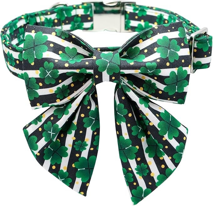 Maca Bates St. Patrick's Day Shamrock Dog Collar,Sailor Bow,Small Girl Boy Dogs, Black White Stripe Four Leaf Clover Pattern,Adjustable Durable Soft Collars Irish Gift for Male Female Puppy